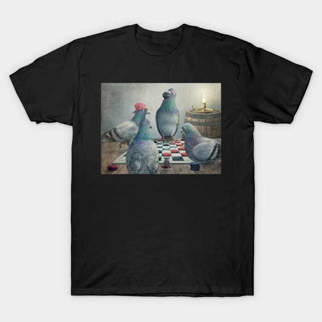 Checker Playing Pigeons T-Shirt by Terry Fan